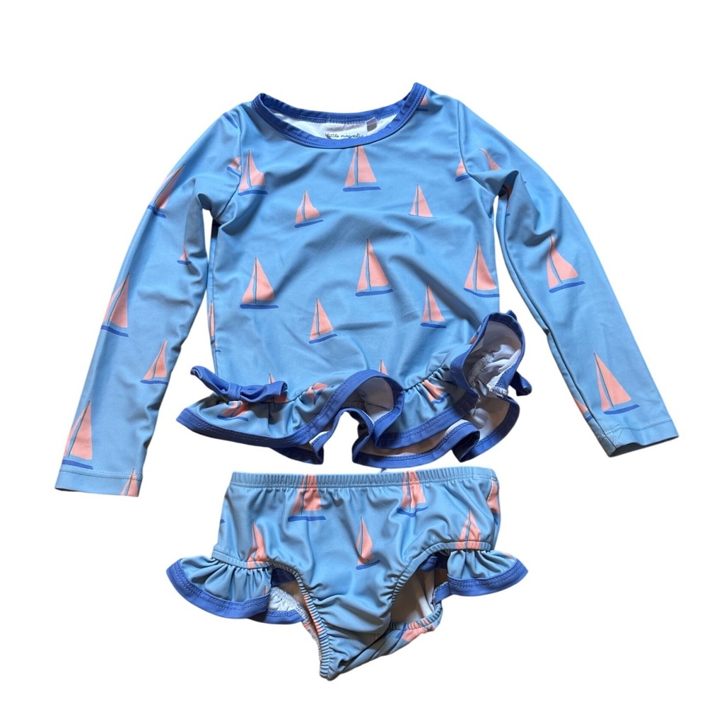 Little Magnolia Rash Guard Swimsuit Kids Blue Good Sailboat Ruffle SIZE 4T